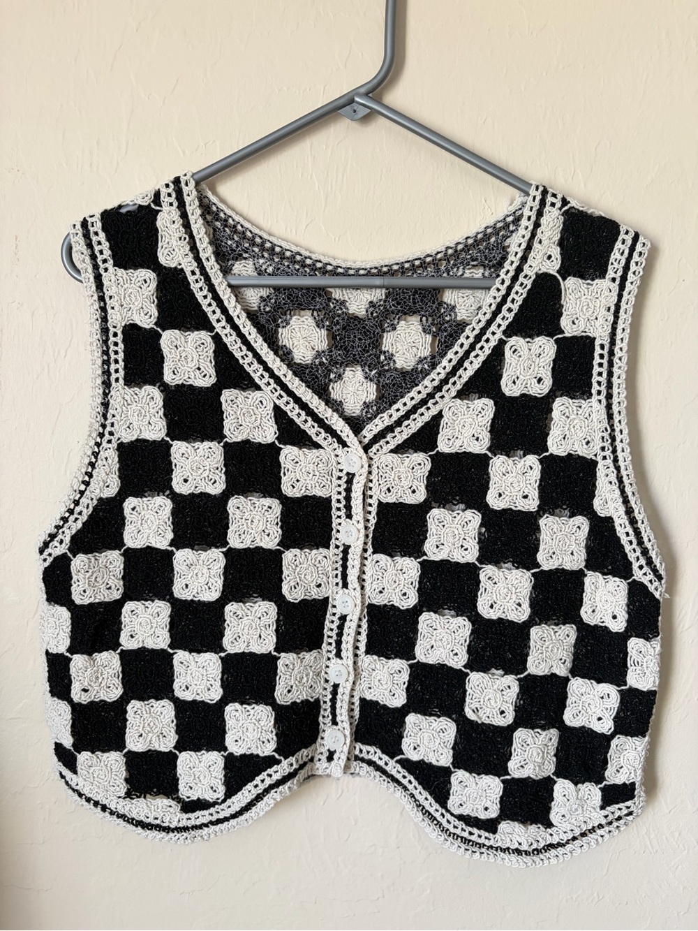 Black & White Crochet Checkerboard Vest Sweater